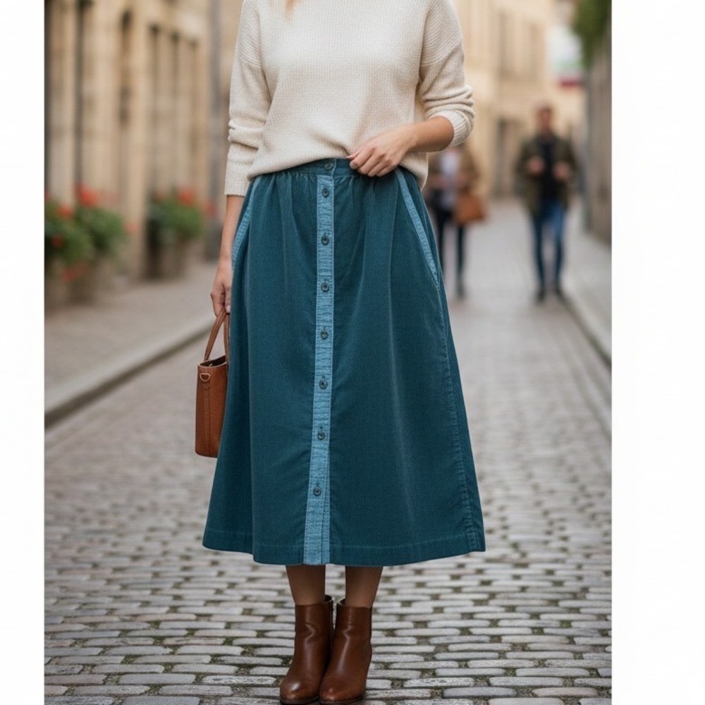 Vintage St Michael Corduroy Midi Skirt Button Front Green 70s 80s US 2 4